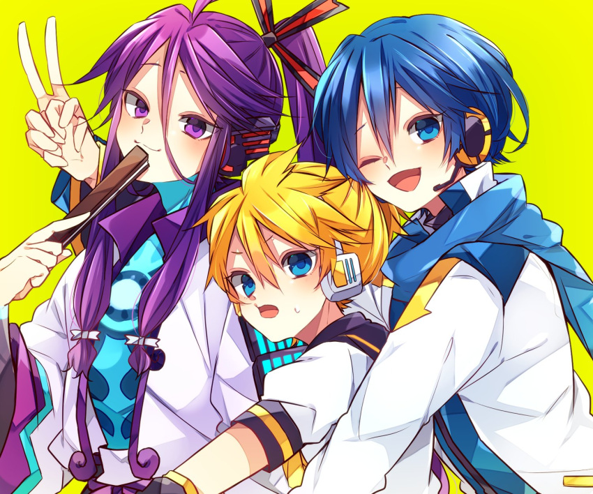 3boys armor black_collar blonde_hair blue_bodysuit blue_eyes blue_hair blue_scarf bodysuit closed_fan coat collar collared_shirt commentary fan_to_mouth folding_fan group_hug hair_ornament hair_stick hand_fan headphones highres holding holding_fan holding_hands hug hug_from_behind japanese_clothes kagamine_rin kaho_0102 kaito_(vocaloid) kamui_gakupo long_hair looking_at_viewer male_focus multiple_boys one_eye_closed open_mouth ponytail purple_eyes purple_hair sailor_collar scarf school_uniform shirt short_sleeves shoulder_armor smile sweat upper_body v v-shaped_eyebrows vocaloid white_coat white_robe white_shirt yellow_background