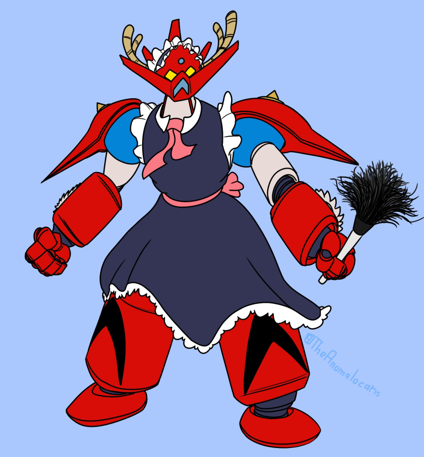 alternate_costume blue_background commentary cosplay dragon_horns duster english_commentary enmaided frills full_body getter_dragon getter_robo getter_robo_g highres horns kobayashi-san_chi_no_maidragon maid maid_headdress mecha no_humans parody pun signature simple_background solo spikes theanomalocaris tohru_(maidragon) tohru_(maidragon)_(cosplay) twitter_username yellow_eyes