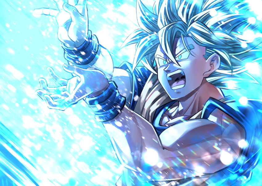 1boy attack blue_eyes dougi dragon_ball energy energy_beam kamehameha male_focus mattari_illust muscular muscular_male open_mouth solo son_goku super_saiyan wristband