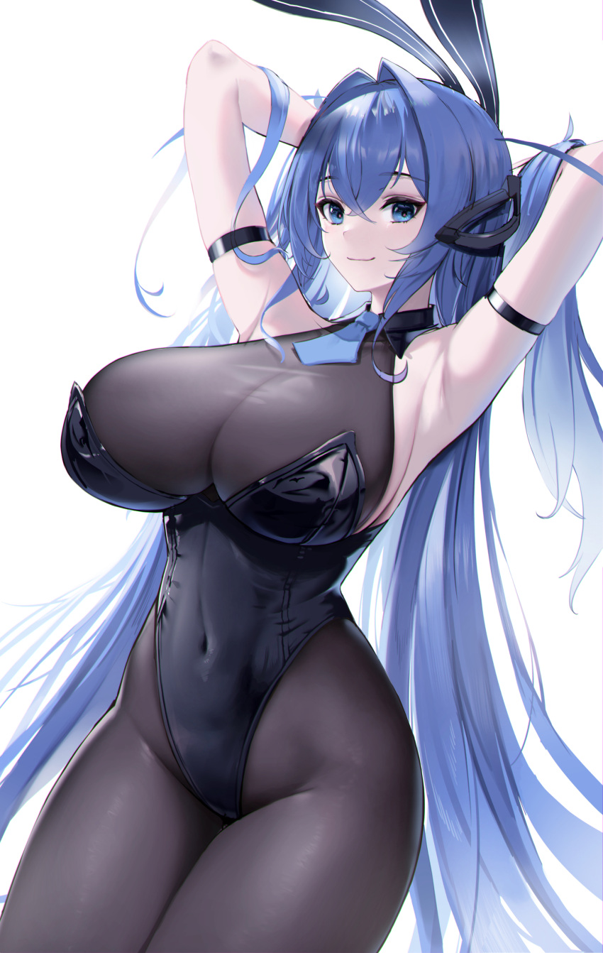 1girl animal_ears arm_strap armpits azur_lane bangs black_bodysuit black_leotard blue_eyes blue_hair blue_neckwear bodysuit breasts closed_mouth commentary covered_navel cowboy_shot crossed_bangs eyebrows_visible_through_hair fake_animal_ears hair_between_eyes headpiece highres huge_breasts kawauso_(ppdp7544) leotard long_hair looking_at_viewer necktie new_jersey_(azur_lane) new_jersey_(exhilarating_steps!)_(azur_lane) official_alternate_costume playboy_bunny rabbit_ears short_necktie simple_background skin_tight smile solo very_long_hair white_background wing_collar