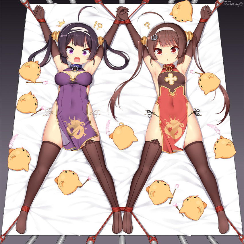 !? 2girls =_= ? ^^^ ahoge animal armpits arms_up artist_name asymmetrical_legwear azur_lane bangs bare_shoulders bdsm bird black_eyes black_gloves black_hair black_legwear black_panties blush blush_stickers bondage bound bound_ankles bound_wrists breasts breasts_apart brown_hair brush china_dress chinese_clothes chinese_commentary cleavage_cutout closed_eyes clothing_cutout collar commentary_request covered_navel dragon_print dress elbow_gloves eyebrows_visible_through_hair feathers from_above full_body gloves hair_ornament hair_rings hairband half-closed_eyes holding holding_brush holding_feather holding_hands huoji_(wonderturkey) interlocked_fingers light_blush long_hair lying manjuu_(azur_lane) medium_breasts mismatched_legwear mixed-language_commentary multiple_girls ning_hai_(azur_lane) o-ring o-ring_bottom o-ring_panties on_back on_bed open_mouth outstretched_arms panties pelvic_curtain ping_hai_(azur_lane) purple_dress purple_eyes raised_eyebrows red_dress red_eyes rope see-through shiny shiny_hair side-tie_panties side_slit sidelocks signature skindentation sleeveless sleeveless_dress small_breasts spread_legs string_panties surprised symmetry thighhighs tied_hair twintails underwear v-shaped_eyebrows white_background white_hairband white_panties wide-eyed