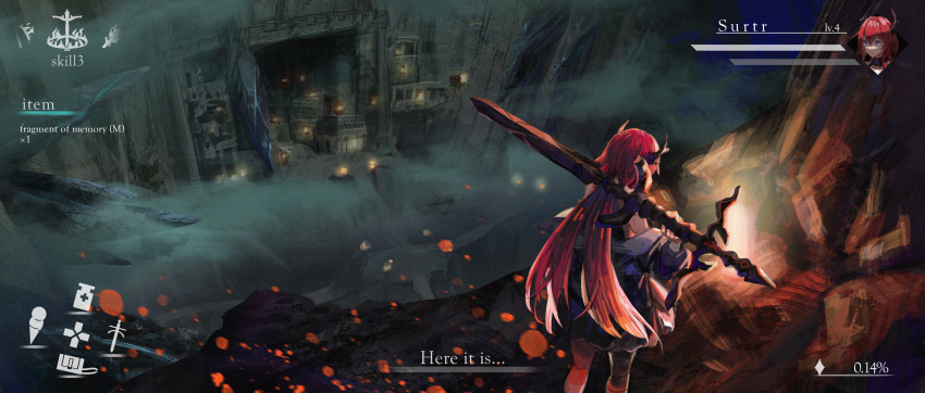 1girl absurdres arknights background_text character_name choker city claymore_(sword) commentary_request demon_girl demon_horns dress english_text fake_screenshot from_behind gyoukan_(jfxc) highres holding holding_sword holding_weapon horns huge_filesize jacket long_hair looking_away red_eyes red_hair rock solo standing surtr_(arknights) sword tagme underground very_long_hair weapon weapon_behind_back