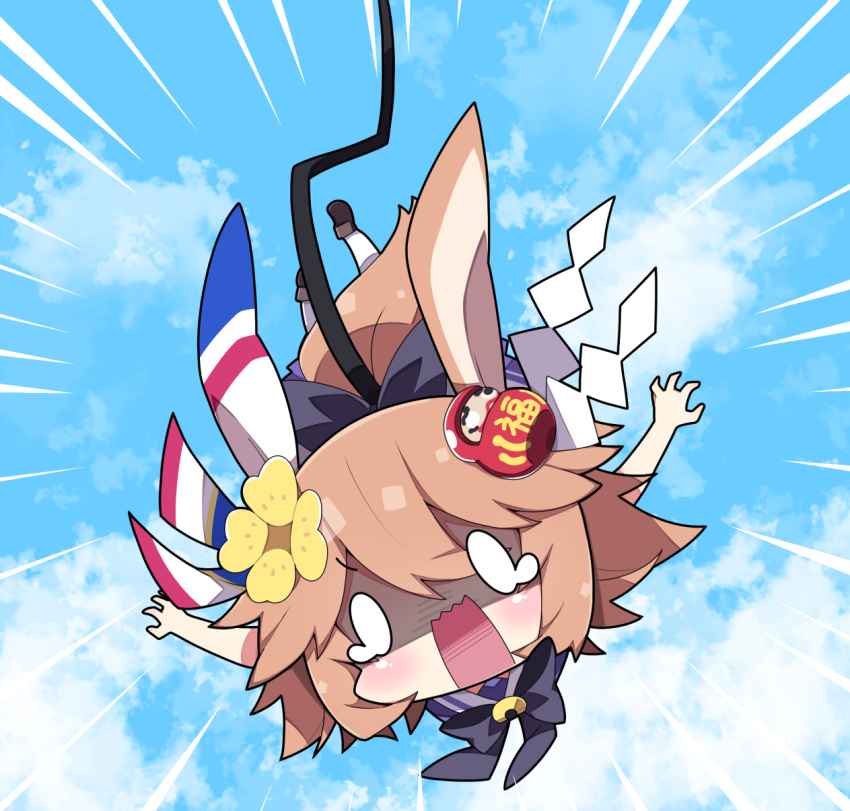 0_0 1girl animal_ears bangs black_bow black_footwear black_ribbon blue_shirt blue_sky bow bowtie brown_hair bungee_cord bungee_jumping chibi cloud commentary_request daruma_doll day eyebrows_visible_through_hair full_body hair_between_eyes hair_ornament highres horse_ears horse_girl horse_tail horseshoe_ornament looking_at_viewer matikanefukukitaru_(umamusume) milkpanda open_mouth outdoors pantyhose pleated_skirt ribbon school_uniform shaded_face shirt shoe_soles shoes skirt sky solo tail teardrop tracen_school_uniform umamusume wavy_mouth white_legwear white_skirt