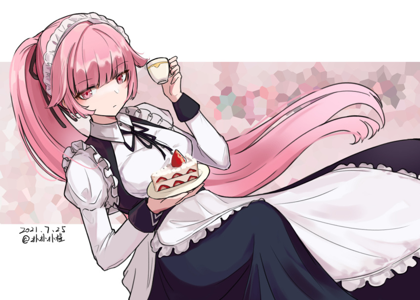 1girl apron breasts cake cake_slice cup dress expressionless food frills girls'_frontline hair_flaps highres long_dress long_hair long_sleeves maid maid_apron maid_headdress medium_breasts ntw-20_(girls'_frontline) official_alternate_costume pink_eyes pink_hair ponytail puffy_long_sleeves puffy_sleeves sakatakin solo teacup very_long_hair