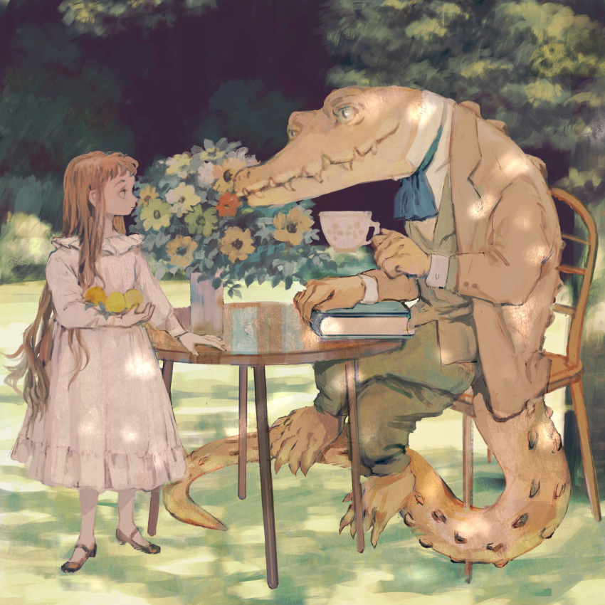 1girl ascot bangs black_footwear blue_neckwear book bouquet brown_hair brown_jacket chair child claws collar crocodilian crocodilian_tail crossed_legs cup dress flower food formal frilled_collar frilled_dress frills fruit full_body green_eyes green_pants green_vest highres holding holding_cup holding_food jacket lemon long_dress long_hair long_sleeves looking_at_another mary_janes original outdoors pants sharp_teeth shirt shoes sitting slit_pupils standing suit suit_jacket table tail teacup teeth tono_(rt0no) tree vase vest white_dress white_shirt