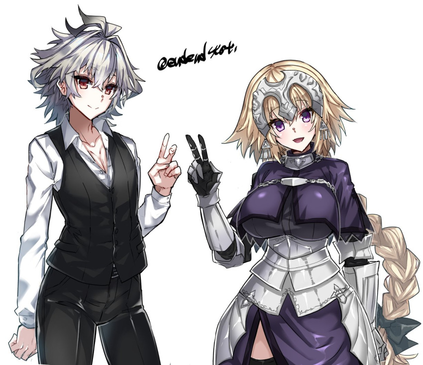 1boy 1girl armor artist_name blonde_hair braid braided_ponytail breasts commentary_request cowboy_shot eyebrows_visible_through_hair fate/apocrypha fate_(series) grey_hair hair_between_eyes haoro jeanne_d'arc_(fate) jeanne_d'arc_(fate)_(all) large_breasts long_hair long_sleeves looking_at_viewer open_mouth purple_eyes red_eyes sieg_(fate) simple_background smile tongue twitter_username v watermark white_background