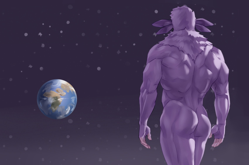 1boy ass back colored_skin completely_nude earth_(planet) facing_away from_behind fur_trim giant giant_male gradient gradient_background highres iskanderednaksi luntik luntik_and_his_frends male_focus muscular muscular_male nude planet purple_skin short_hair space toon_(style)