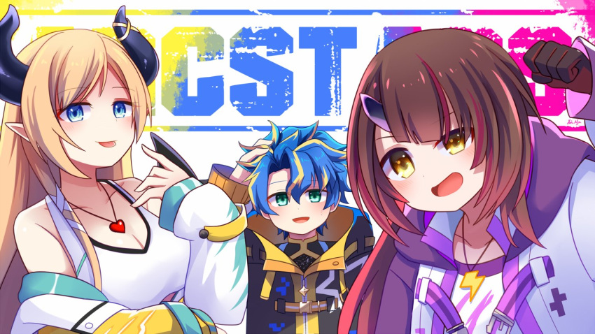 1boy 2girls astel_leda bangs blonde_hair blue_eyes blue_hair blush breasts brown_eyes brown_hair cleavage clenched_hand demon_girl demon_horns eyebrows_visible_through_hair gradient_hair green_eyes hair_behind_ear hand_in_hair heart heart_necklace hololive holostars hood hooded_jacket horns jacket large_breasts looking_at_viewer multicolored_hair multiple_girls off_shoulder open_mouth pink_hair pointy_ears roboco-san single_horn smile streaked_hair sweatdrop tank_top tongue tongue_out virtual_youtuber white_jacket white_tank_top yuinya_(chicken5536) yuzuki_choco