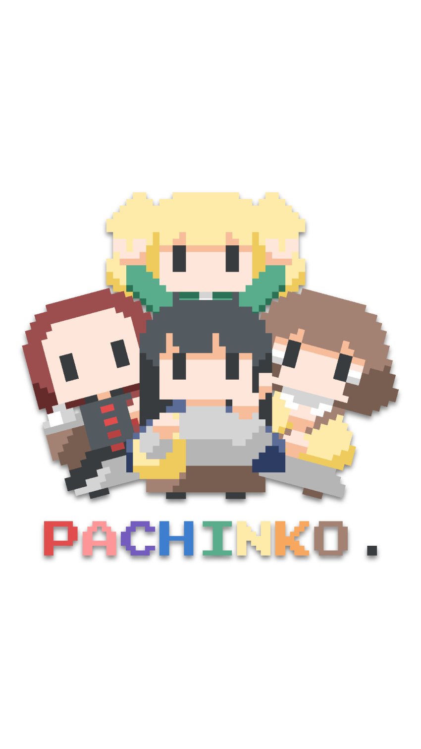 4girls bangs black_hair black_shirt blonde_hair blue_jacket brown_hair brown_skirt commentary_request forehead green_jacket grey_pants grey_shirt grey_skirt highres jacket jacket_on_shoulders multiple_girls original pants parted_bangs pixel_art shirt simple_background skirt wakabayashi_toshiya white_background yellow_shirt