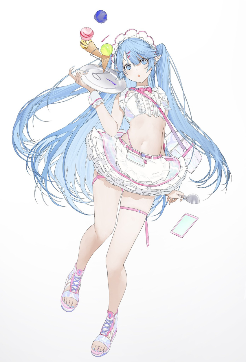 1girl :o aqua_eyes aqua_hair badge bangs belt blue_eyes blue_nails blush breasts collar commentary elf food full_body hair_between_eyes headdress highres holding holding_spoon holding_tray ice_cream ice_cream_cone kaoruko_(unkrk55) legs long_hair looking_at_viewer nail_polish navel open_mouth original pink_belt pointy_ears sandals simple_background skirt solo spoon standing standing_on_one_leg stomach surprised thigh_strap toenail_polish toenails toes tray two_side_up very_long_hair waffle_cone white_background white_headdress white_skirt