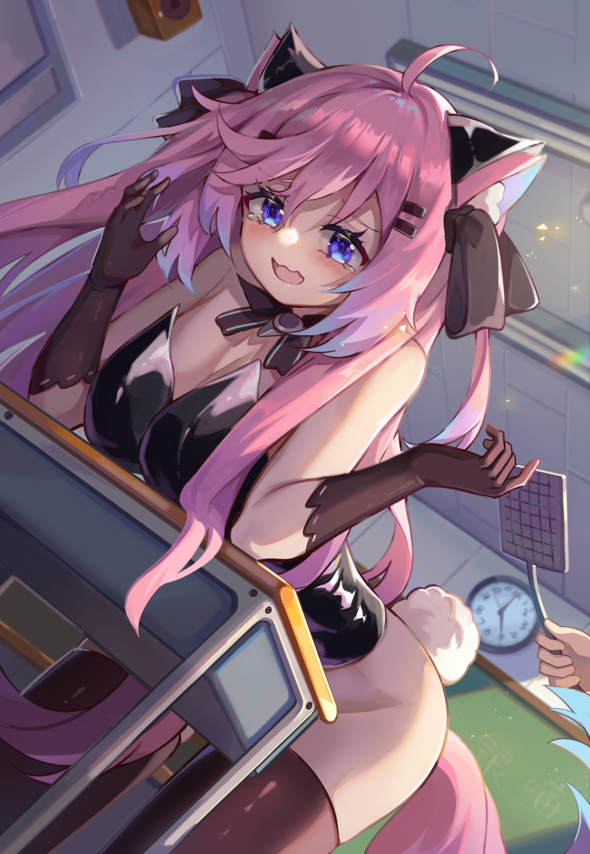 1girl absurdres animal_ears black_legwear blue_eyes blush cat_ears crying crying_with_eyes_open fox_ears ginyasama hair_ornament hairclip highres indie_virtual_youtuber indoors kittysuit long_hair looking_at_viewer open_mouth playboy_bunny rabbit_tail standing tail tears teletha_(vtuber) virtual_youtuber