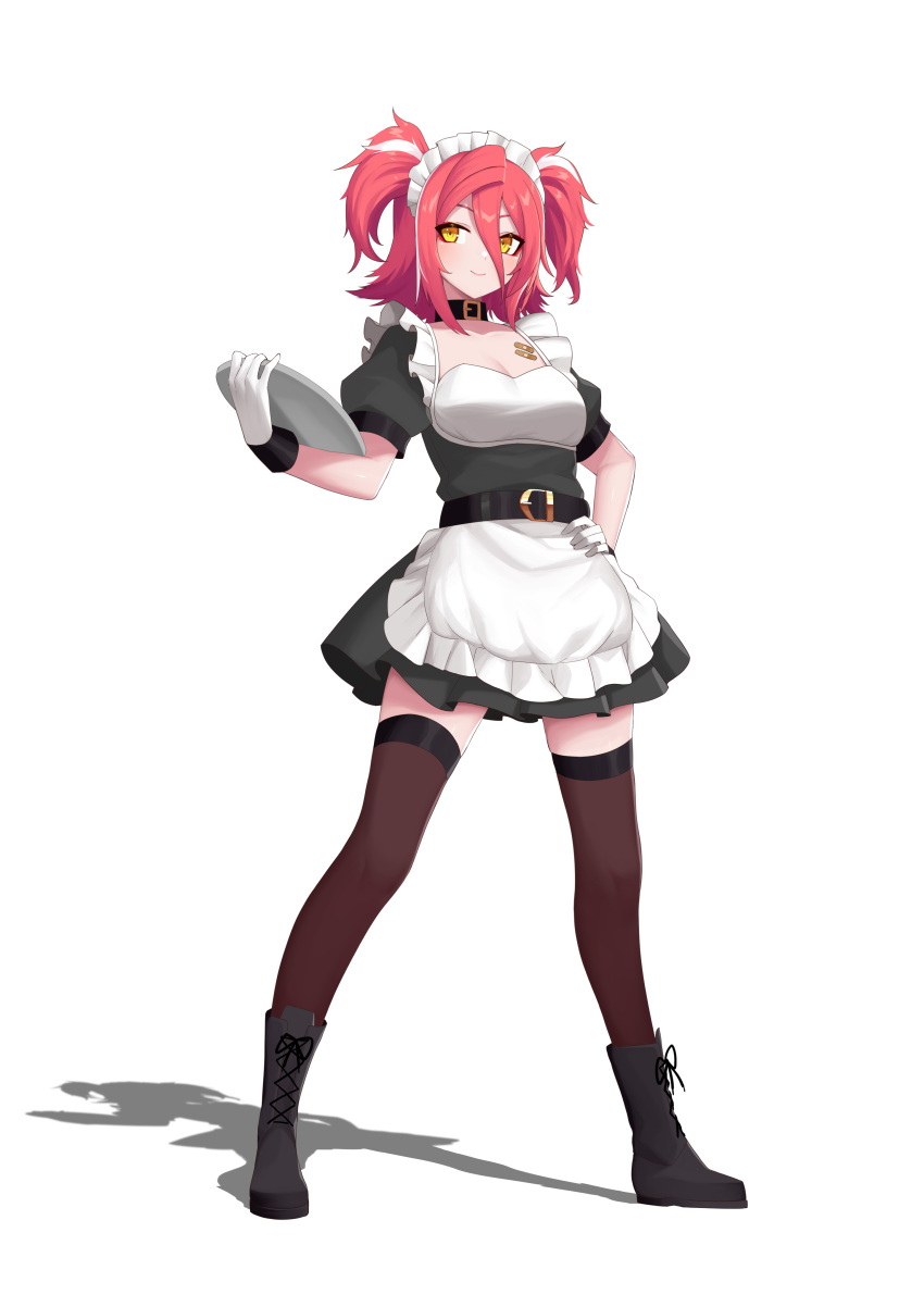 1girl absurdres alternate_costume bandaid belt black_belt black_collar black_dress black_footwear black_legwear boots brown_eyes collar dress enmaided eyeshadow gloves hair_between_eyes hand_on_hip highres holding holding_tray hololive hololive_china maid maid_headdress makeup red_eyeshadow red_hair skindentation smile solo thighhighs tray twintails virtual_youtuber white_gloves yogiri_(hololive) z-jun.dd-zhong