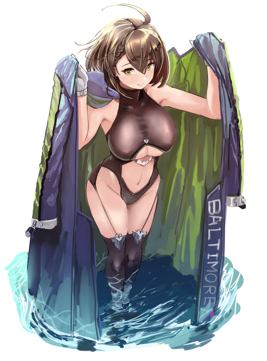 1girl absurdres ahoge arms_up azur_lane baltimore_(azur_lane) bangs bare_shoulders black_legwear black_leotard blue_coat blush braid breasts brown_hair center_opening character_name clothing_cutout coat coat_on_shoulders collarbone eyebrows_visible_through_hair french_braid full_body garter_straps gloves hair_between_eyes hey_taisyou highres holding_coat hooded_coat large_breasts leotard looking_at_viewer multicolored_coat navel parted_lips short_hair sidelocks simple_background skindentation smile solo standing stomach_cutout taut_leotard thighhighs underboob underboob_cutout wading water white_background white_gloves yellow_eyes