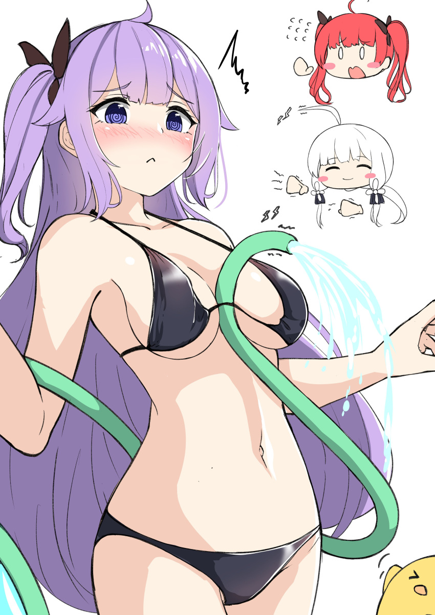 &gt;_&lt; 0_0 3girls :&lt; @_@ ^^^ absurdres azur_lane bangs bare_arms bare_shoulders between_breasts bikini black_bikini blush blush_stickers breasts chibi chibi_inset closed_eyes closed_mouth commentary_request eyebrows_visible_through_hair flying_sweatdrops highres honolulu_(azur_lane) hose illustrious_(azur_lane) lightning_bolt_symbol long_hair low_twintails manjuu_(azur_lane) moyoron multiple_girls navel nose_blush one_side_up purple_eyes purple_hair red_hair simple_background swimsuit trembling twintails unicorn_(azur_lane) very_long_hair water white_background white_hair