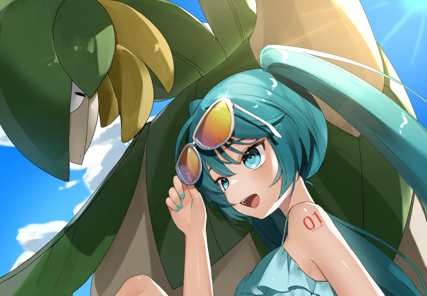 1girl :d arm_tattoo bangs blush cloud crossover day eyelashes eyewear_on_head eyewear_removed gen_3_pokemon green_eyes green_hair green_nails hand_up hatsune_miku highres long_hair nail_polish number open_mouth outdoors pokemon pokemon_(creature) reirou_(chokoonnpu) shiny shiny_skin sky sleeveless smile sunglasses symbol-only_commentary tattoo tied_hair tongue tropius twintails upper_teeth vocaloid white-framed_eyewear