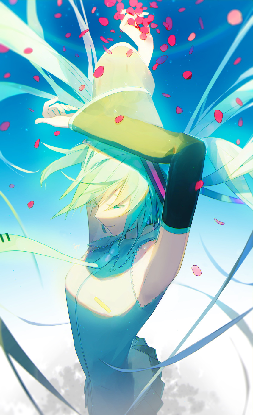1girl absurdres agyou_sonokou_l aqua_eyes aqua_hair aqua_nails armpits arms_up black_skirt bloom blue_sky commentary cowboy_shot falling_petals floating_hair floating_necktie foreshortening from_above grey_shirt hair_ornament hatsune_miku headphones headset highres light_particles long_hair looking_down miniskirt nail_polish outstretched_arm petals pleated_skirt rainbow revision saihate_(vocaloid) shirt skirt sky sleeveless sleeveless_shirt smile solo twintails very_long_hair vocaloid