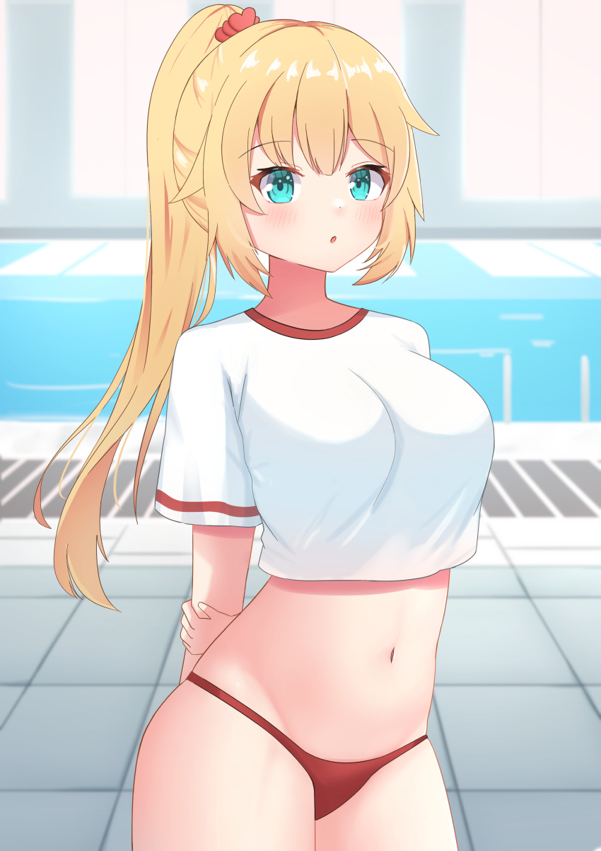 1girl absurdres akai_haato arms_behind_back bikini bikini_bottom blonde_hair blue_eyes blush commentary crop_top hair_ornament heart heart_hair_ornament highres hololive icetea_(8862) long_hair looking_at_viewer navel pool red_bikini staring swimsuit virtual_youtuber