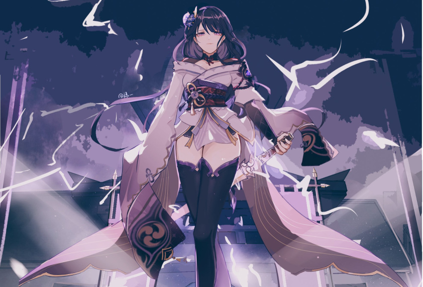 1girl armor bangs braid breasts closed_mouth coattails electricity flower genshin_impact hair_ornament highres holding holding_sword holding_weapon japanese_clothes kimono large_breasts long_hair long_sleeves looking_at_viewer mitsudomoe_(shape) mole mole_under_eye obi obiage obijime purple_eyes purple_flower purple_hair raiden_(genshin_impact) ribbon sash shoulder_armor solo sword tassel tomoe_(symbol) weapon wide_sleeves yang_yi