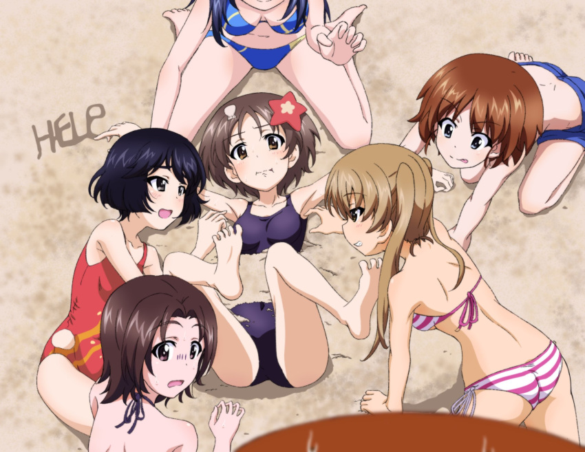 6+girls armpits ass beach bikini black_bikini black_hair blonde_hair blue_bikini blue_eyes blue_hair blush breasts brown_eyes brown_hair closed_mouth collarbone commentary_request girls_und_panzer grin highres key_(gaigaigai123) looking_at_viewer looking_back lying maruyama_saki multiple_girls navel on_back oono_aya open_mouth red_stripes red_swimsuit sakaguchi_karina sawa_azusa shiny shiny_hair short_hair side-tie_bikini sitting small_breasts smile striped striped_bikini swimsuit tongue tongue_out twintails utsugi_yuuki yamagou_ayumi