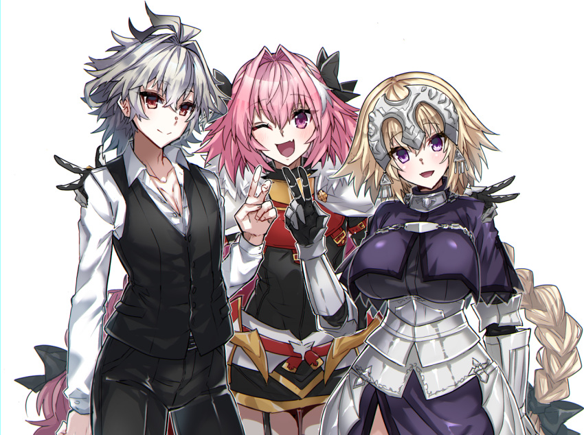 1girl 2boys armor astolfo_(fate) blonde_hair braid braided_ponytail breasts commentary_request cowboy_shot eyebrows_visible_through_hair fang fate/apocrypha fate_(series) grey_hair hair_between_eyes haoro jeanne_d'arc_(fate) jeanne_d'arc_(fate)_(all) large_breasts long_hair long_sleeves looking_at_viewer multiple_boys one_eye_closed open_mouth otoko_no_ko pink_hair purple_eyes red_eyes sieg_(fate) simple_background skin_fang smile tongue v white_background
