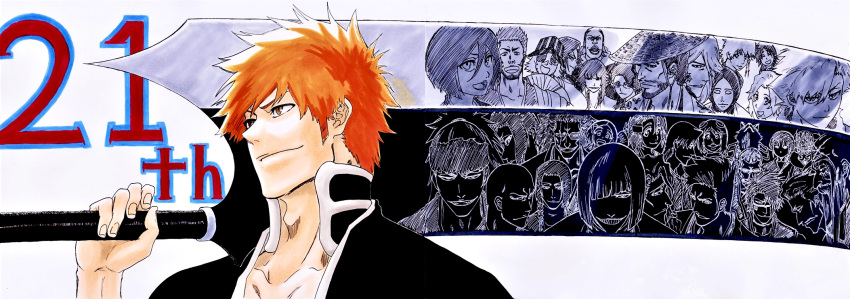 >:) 6+boys 6+girls abarai_renji alpen_no_koyari anniversary ayasegawa_yumichika black_kimono bleach bleach:_sennen_kessen-hen brown_eyes closed_mouth commentary_request doodle_inset everyone grin hand_up highres hinamori_momo hirako_shinji hisagi_shuuhei hitsugaya_toushirou holding holding_sword holding_weapon iba_tetsuzaemon ise_nanao japanese_clothes kimono kira_izuru komamura_sajin kotetsu_isane kubo_tite_(style) kuchiki_byakuya kuchiki_rukia kuna_mashiro kurosaki_ichigo kurosaki_isshin kurotsuchi_mayuri kurotsuchi_nemu kusajishi_yachiru kyouraku_shunsui looking_ahead looking_at_viewer madarame_ikkaku male_focus matsumoto_rangiku muguruma_kensei multiple_boys multiple_girls neck_armor nose official_style oomaeda_marechiyo ootoribashi_roujuurou orange_hair over_shoulder portrait reflection sasakibe_choujirou shihouin_yoruichi short_hair simple_background smile solo_focus spiked_hair sui-feng sword ukitake_juushirou unohana_retsu upper_body urahara_kisuke v-shaped_eyebrows weapon weapon_over_shoulder white_background yamada_hanatarou yamamoto-genryuusai_shigekuni zangetsu_(shikai) zaraki_kenpachi