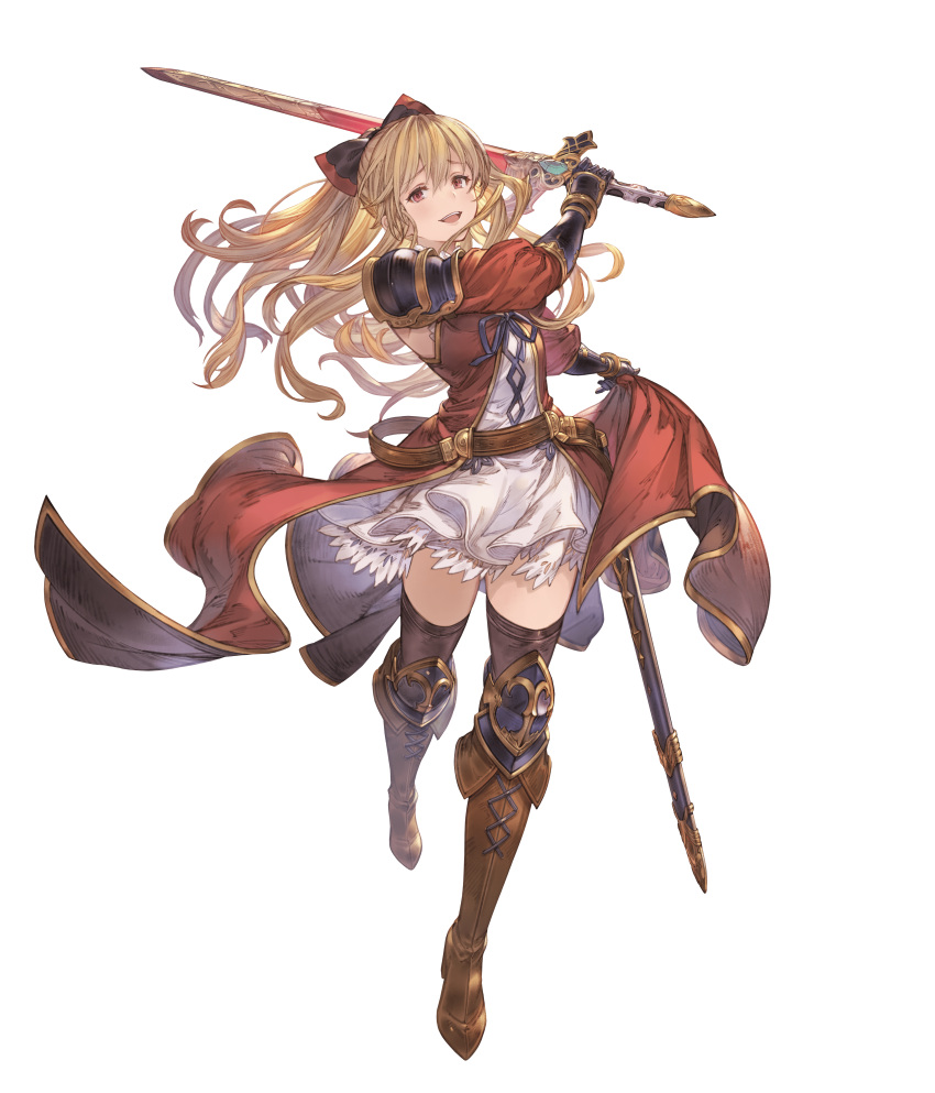 1girl absurdres black_legwear blonde_hair boots bow dress full_body gauntlets granblue_fantasy granblue_fantasy_versus hair_bow highres holding holding_sword holding_weapon knee_boots long_hair looking_at_viewer minaba_hideo official_art ponytail red_eyes sheath short_dress skirt solo sword thighhighs transparent_background vira_lilie weapon zettai_ryouiki