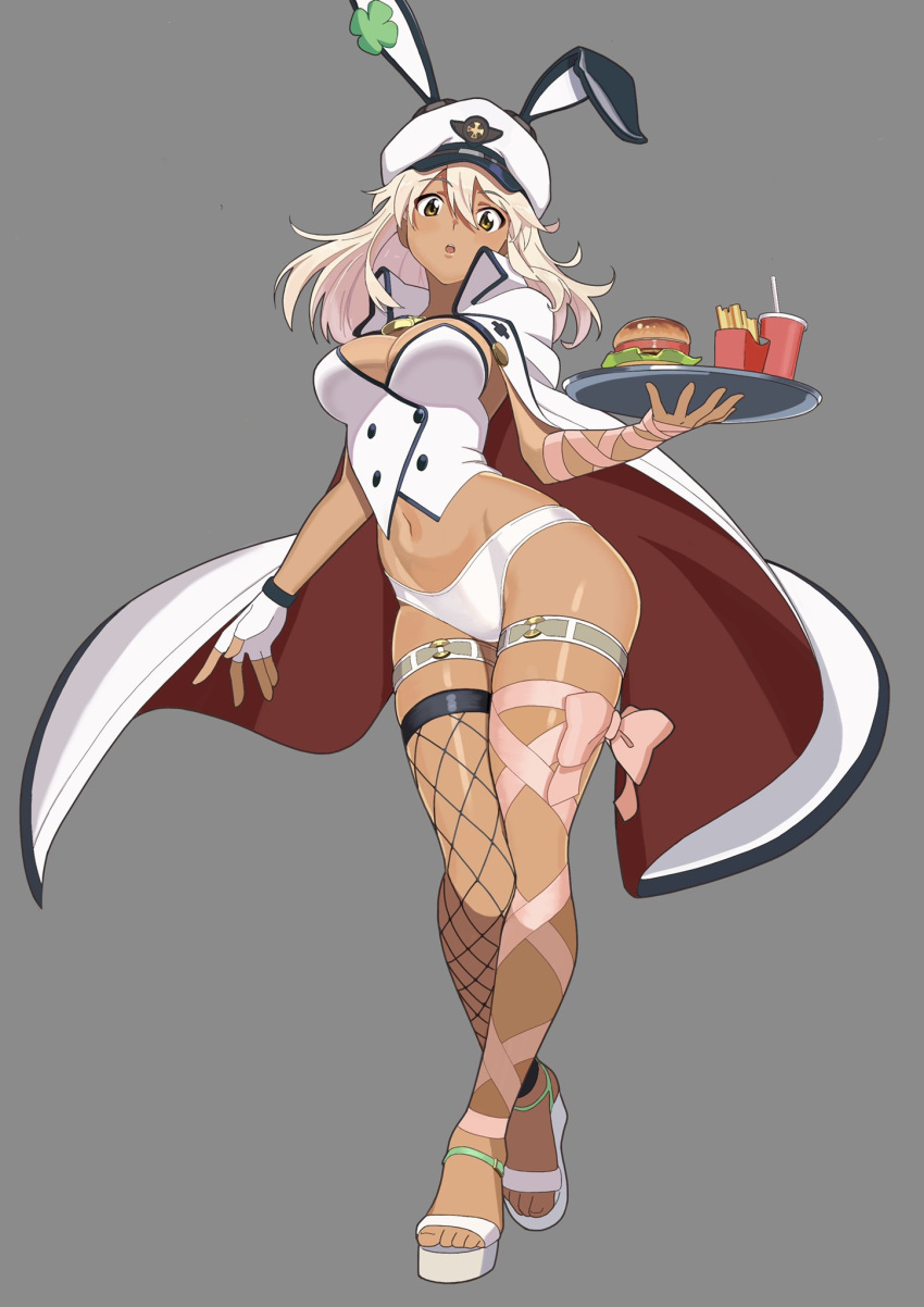 1girl animal_ears bow breasts burger cape clover cup curvy dark-skinned_female dark_skin drinking_straw eyebrows_visible_through_hair fake_animal_ears fingerless_gloves fishnet_legwear fishnets food four-leaf_clover french_fries gloves grey_background guilty_gear guilty_gear_strive hair_between_eyes hat highres kazuma large_breasts looking_at_viewer midriff navel open_mouth panties pink_bow plate platinum_blonde_hair rabbit_ears ramlethal_valentine simple_background solo stomach thigh_strap toeless_footwear underwear waitress white_cape white_headwear white_panties yellow_eyes