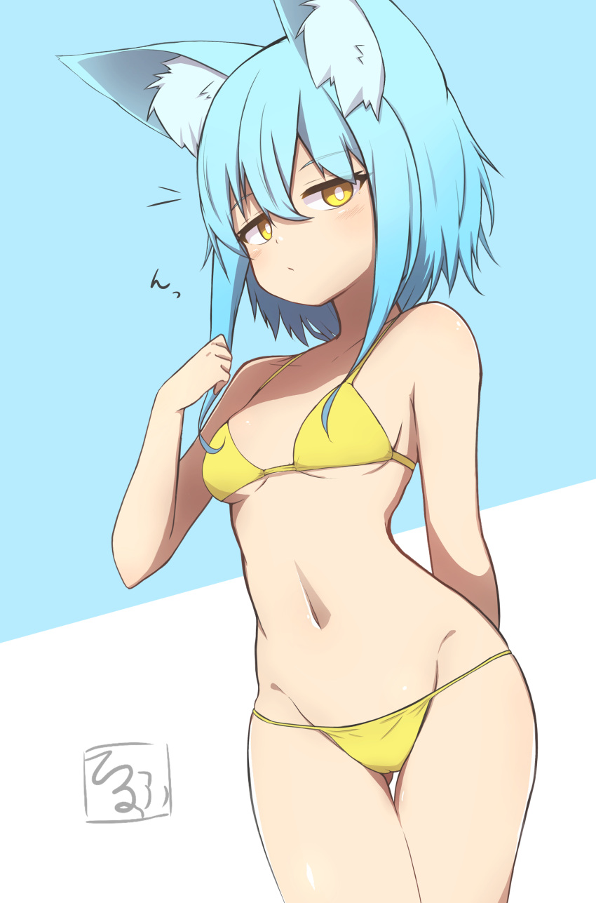 1girl absurdres animal_ear_fluff animal_ears ass_visible_through_thighs bangs bikini blue_background blue_hair blush breasts brown_eyes closed_mouth eyebrows_visible_through_hair groin hair_between_eyes hand_up highres idaten93 long_hair looking_at_viewer navel original small_breasts solo stomach swimsuit terufu-chan thigh_gap two-tone_background white_background yellow_bikini