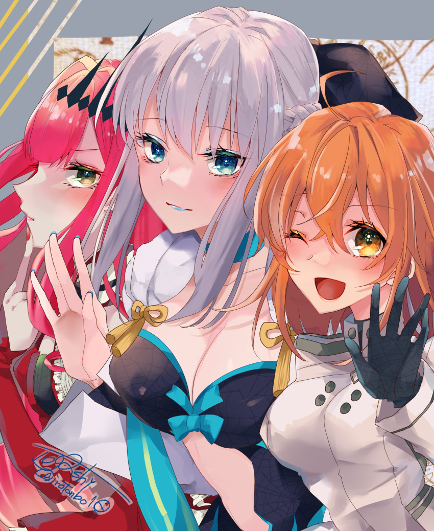 3girls ;d ahoge bangs bare_shoulders black_bow black_dress black_gloves blue_eyes blue_lips blush bow braid breasts center_frills center_opening circlet cleavage detached_collar detached_sleeves dress fairy_knight_tristan_(fate) fate/grand_order fate_(series) french_braid frills fujimaru_ritsuka_(female) girl_sandwich gloves grey_hair hair_bow highres jacket large_breasts long_hair long_sleeves looking_at_viewer lostbelt_op2_uniform medium_breasts morgan_le_fay_(fate) multiple_girls one_eye_closed one_side_up open_mouth orange_eyes orange_hair pink_hair pointy_ears ponytail red_dress sandwiched short_hair sidelocks smile togashi_(choco-bakama_kitchen) two-tone_dress very_long_hair white_dress white_jacket wide_sleeves yellow_eyes
