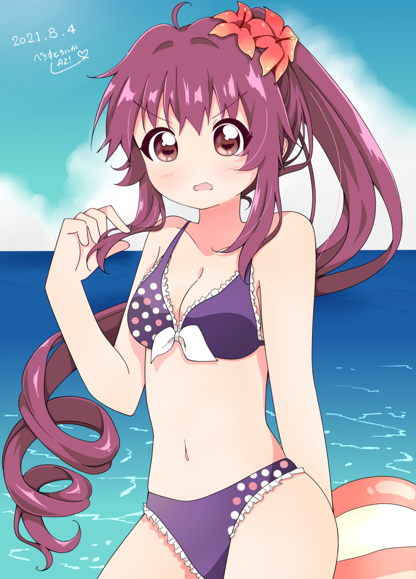 1girl artist_name az!_(azu) bangs bikini blush breasts cleavage cloud collarbone dated day eyebrows_visible_through_hair flower frilled_bikini frills hair_flower hair_ornament hand_in_hair hand_up highres long_hair looking_at_viewer navel ocean open_mouth outdoors ponytail purple_bikini purple_eyes purple_hair shiny shiny_hair sky small_breasts solo sugiura_ayano swimsuit very_long_hair yuru_yuri