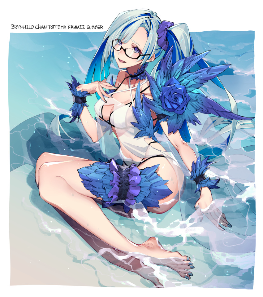 1girl barefoot bikini blue_flower blue_hair blue_nails blue_rose breasts brynhildr_(fate) brynhildr_(swimsuit_berserker)_(fate) collarbone eyebrows_visible_through_hair eyes_visible_through_hair fate/grand_order fate_(series) flower glasses highres looking_at_viewer medium_breasts multicolored_hair nail_polish neck_garter open_mouth purple_eyes purple_scrunchie rose scrunchie semi-rimless_eyewear side_ponytail sitting solo swimsuit two-tone_hair westxost_(68monkey) white_bikini wrist_cuffs