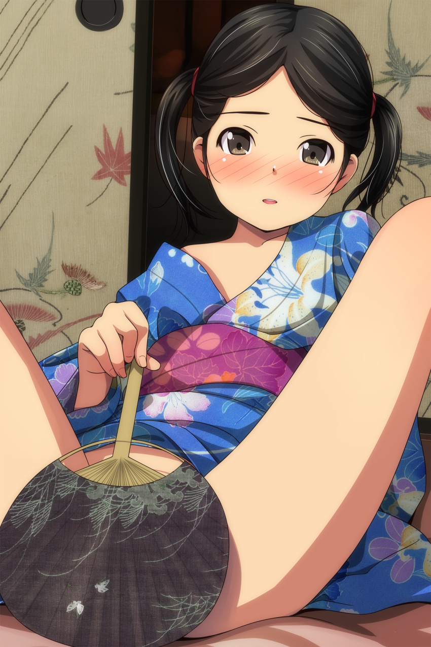 1girl absurdres bangs black_hair blue_kimono blush covering covering_crotch feet_out_of_frame floral_print hand_fan highres holding holding_fan indoors japanese_clothes kimono knees_up looking_at_viewer matsunaga_kouyou no_panties nose_blush obi off_shoulder original paper_fan parted_bangs parted_lips print_kimono sash sliding_doors solo spread_legs uchiwa