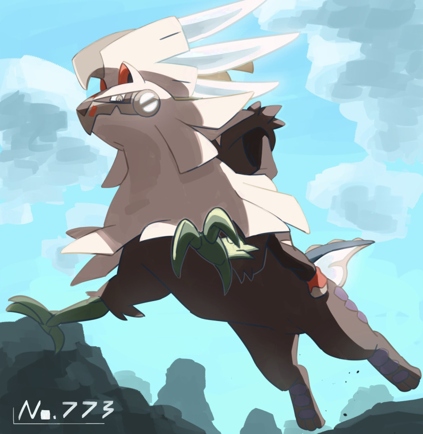 1boy ahoge blonde_hair closed_mouth cloud commentary_request day from_below gen_7_pokemon gladion_(pokemon) grey_eyes highres hood hood_down hoodie legendary_pokemon looking_at_viewer male_focus number outdoors pants pokedex_number pokemon pokemon_(creature) pokemon_(game) pokemon_sm riding riding_pokemon shoes silvally sky torinoko_(miiko_draw)