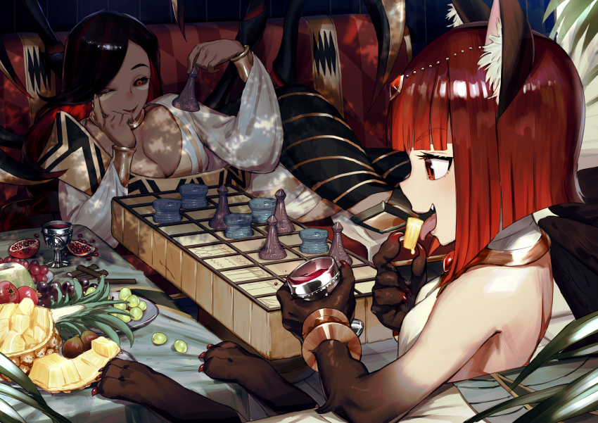 2girls :d absurdres afk_arena animal_ears back bare_shoulders black_hair black_sclera board_game breasts centauroid cleavage colored_sclera dark-skinned_female dark_skin facial_mark fang food fruit goblet grapes highres ie_(raarami) long_hair lying multiple_girls on_side one_eye_closed open_mouth pineapple pomegranate red_eyes red_hair red_nails safiya short_hair smile taur tongue tongue_out