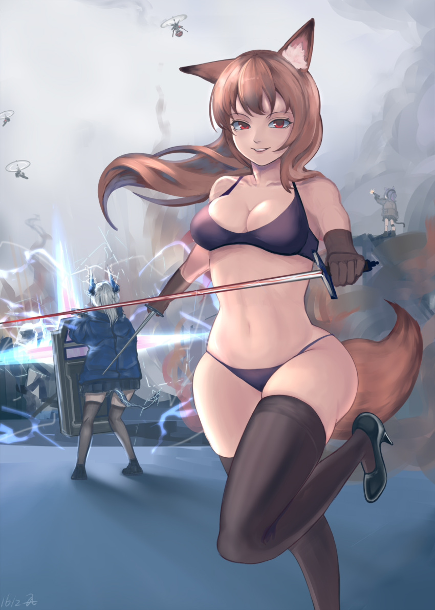 3girls animal_ears arknights bad_arm bangs bare_shoulders berylmini black_bra black_footwear black_gloves black_legwear black_panties blue_jacket bra breasts brown_hair chinese_commentary cleavage commentary_request drone foot_out_of_frame fox_ears fox_tail franka_(arknights) from_behind gloves grin high_heels highres holding holding_sword holding_weapon horns jacket jessica_(arknights) liskarm_(arknights) long_hair looking_at_viewer medium_breasts multiple_girls navel outdoors panties parted_lips red_eyes silver_hair smile standing standing_on_one_leg stomach sword tail thighhighs thighs underwear underwear_only weapon