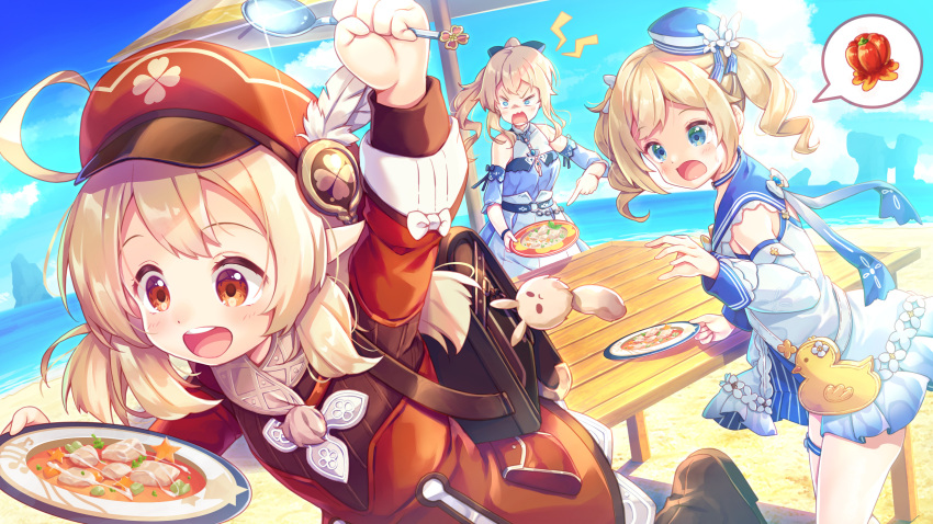 3girls :d ahoge arm_up backpack bag bag_charm bangs barbara_(genshin_impact) barbara_(summertime_sparkle)_(genshin_impact) beach blonde_hair blue_eyes blue_sky blue_swimsuit bow braid brown_footwear brown_gloves brown_scarf cabbie_hat charm_(object) cloud cloudy_sky clover_print coat commentary_request detached_sleeves dodoco_(genshin_impact) eyebrows_visible_through_hair food genshin_impact gloves hair_between_eyes hair_bow hair_ribbon hat highres holding holding_spoon horizon jean_(genshin_impact) jean_(sea_breeze_dandelion)_(genshin_impact) klee_(genshin_impact) light_brown_hair long_hair long_sleeves looking_at_another looking_away low_twintails masaki_kei multiple_girls ocean open_mouth orange_eyes pizza plate pocket pointy_ears ponytail randoseru red_coat red_headwear ribbon scarf sidelocks sky smile spoken_food spoon swimsuit table twin_braids twintails