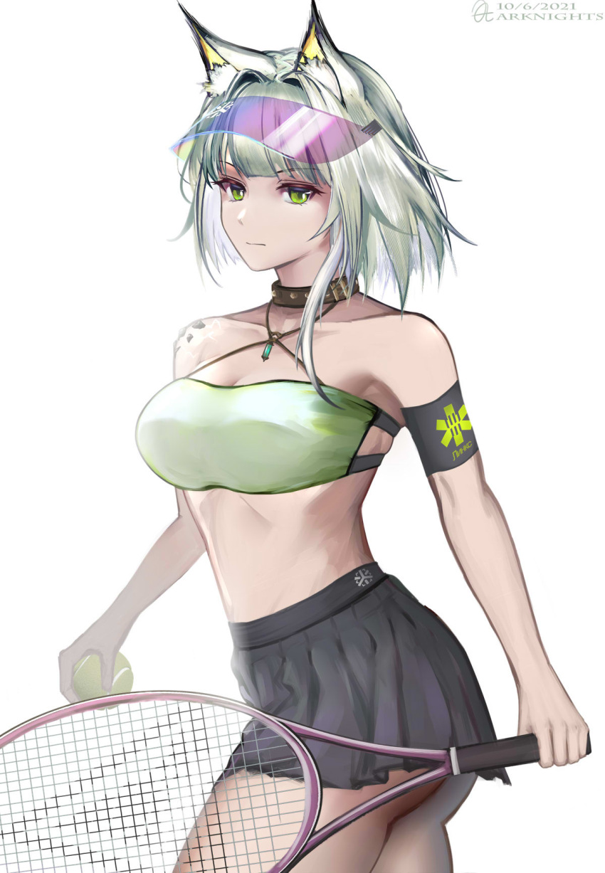 1girl alternate_costume animal_ears arknights armband ass ball bandeau bangs bare_arms bare_shoulders berylmini black_choker black_skirt breasts cat_ears choker cleavage commentary_request copyright_name cowboy_shot criss-cross_halter dated green_eyes hair_intakes halterneck highres holding holding_ball holding_racket kal'tsit_(arknights) large_breasts looking_at_viewer midriff miniskirt no_navel racket short_hair silver_hair simple_background skirt solo standing stomach tennis_ball tennis_racket underbutt visor_cap white_background