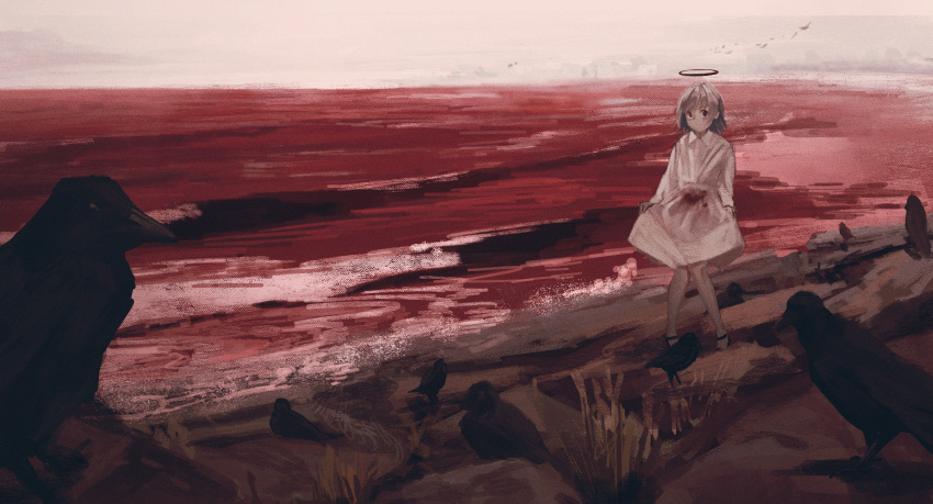 1girl bare_legs bird black_bird black_footwear blood blood_on_clothes commentary crow dark_halo daruma_karei dress english_commentary full_body grey_sky halo highres horizon knees_together_feet_apart light_brown_hair looking_at_viewer original red_ocean shore short_hair skirt_hold solo standing white_dress