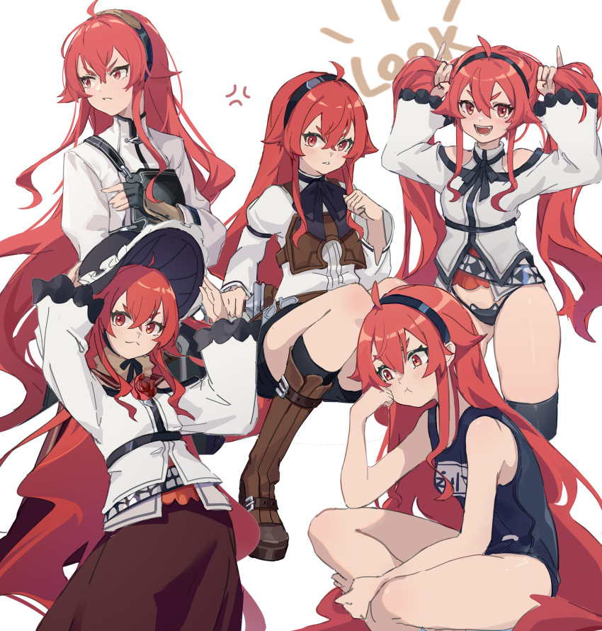 1girl absurdres bare_arms bare_legs barefoot black_hairband boots bunching_hair eris_greyrat feet hairband hat highres long_hair looking_at_viewer mushoku_tensei one-piece_swimsuit red_eyes red_hair shirt swimsuit thick_eyebrows twintails white_shirt xiu_kukkii