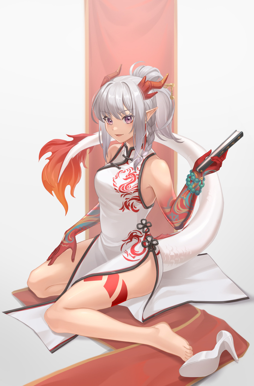 1girl absurdres arknights bead_bracelet beads bracelet braid china_dress chinese_clothes dress hand_fan high_heels highres horns jewelry kuroka_tori nian_(arknights) nian_(unfettered_freedom)_(arknights) pointy_ears ponytail purple_eyes shoes_removed sitting tail tattoo wariza white_hair