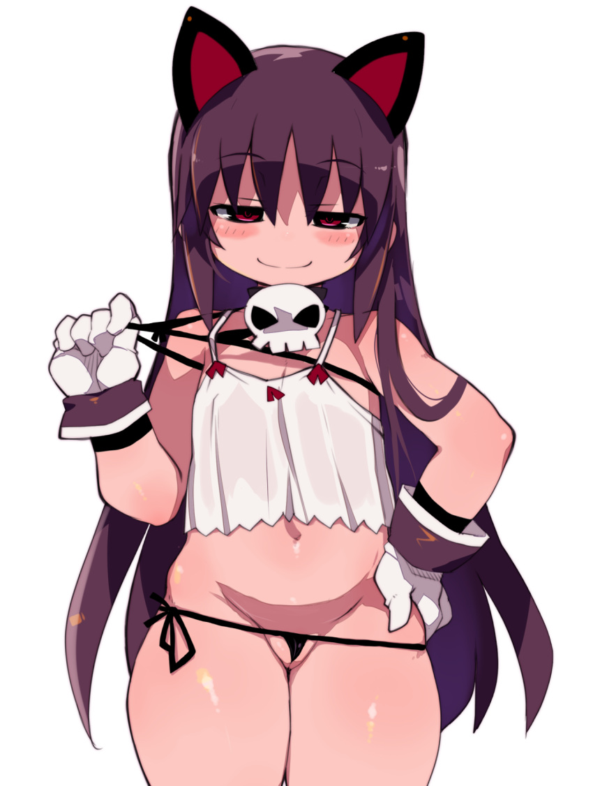 1girl animal_ears bangs bare_shoulders black_bra black_panties blush_stickers bra brown_hair camisole closed_mouth eyebrows_visible_through_hair gloves groin hair_between_eyes half-closed_eyes hand_on_hip henrietta_(zankuro) highres long_hair navel original panties partially_visible_vulva purple_eyes side-tie_panties simple_background skull smile solo stomach underwear very_long_hair white_background white_camisole white_gloves zankuro