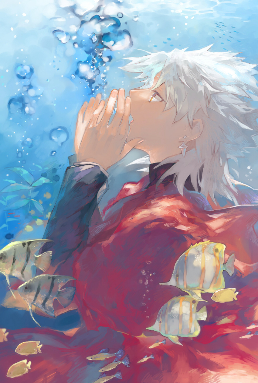 1boy air_bubble amakusa_shirou_(fate) bubble cape crystal_earrings earrings fate/apocrypha fate/grand_order fate_(series) fish highres jewelry long_hair male_focus ocean open_mouth orange_eyes red_cape solo spiked_hair submerged surume_(su1193) upper_body water white_hair