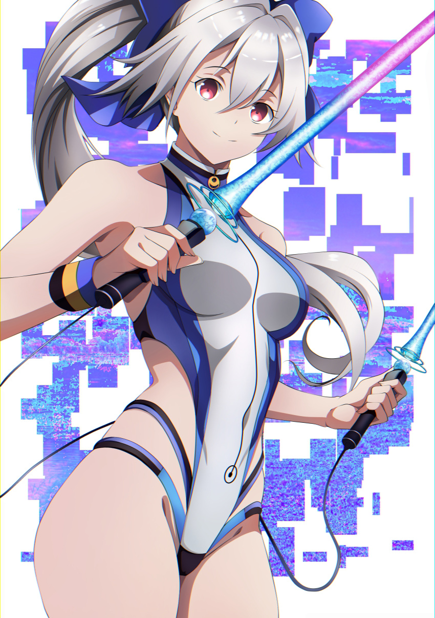 1girl absurdres bare_shoulders blue_bow blue_swimsuit bow breasts commentary_request controller energy_sword fate/grand_order fate_(series) front_zipper_swimsuit game_controller hair_between_eyes hair_bow highleg highleg_swimsuit highres long_hair medium_breasts meme_attire multicolored multicolored_clothes multicolored_swimsuit one-piece_swimsuit patrick_reyes_ii ponytail red_eyes silver_hair smile solo striped_wristband swimsuit sword tomoe_gozen_(fate) tomoe_gozen_(swimsuit_saber)_(fate) two-tone_swimsuit very_long_hair weapon white_swimsuit