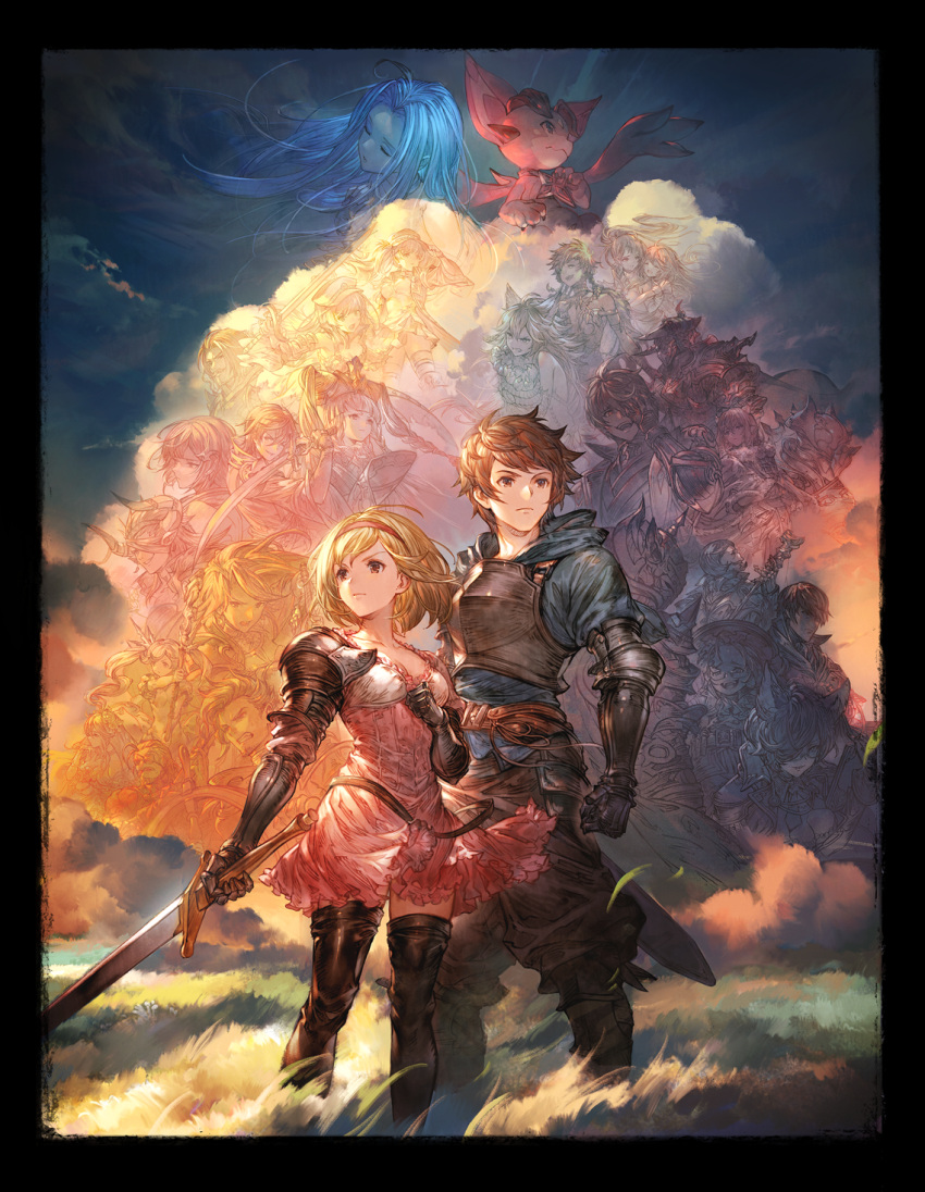 6+boys 6+girls adam_(granblue_fantasy) ahoge angry animal_ears armor baggy_pants bangs black_border black_knight_(granblue_fantasy) blonde_hair blue_hair blue_knight_(granblue_fantasy) blunt_bangs boots border bound bound_wrists braid breastplate brown_eyes brown_hair cain_(granblue_fantasy) cape clenched_hand clenched_teeth closed_eyes cloud collarbone djeeta_(granblue_fantasy) dragon draph dress erune eugen_(granblue_fantasy) eyepatch fenrir_(shingeki_no_bahamut) freesia_(granblue_fantasy) full_armor furias gauntlets gilbert_(granblue_fantasy) glasses golden_knight_(granblue_fantasy) gran_(granblue_fantasy) granblue_fantasy grass grin hair_ornament hair_over_one_eye hairband hal_(granblue_fantasy) hand_on_headwear hand_over_eye hat highres holding holding_sword holding_weapon hood hoodie horns hug hug_from_behind io_euclase katalina_(granblue_fantasy) laughing lecia_(granblue_fantasy) leona_(granblue_fantasy) loki_(granblue_fantasy) long_hair looking_at_viewer looking_to_the_side lyria_(granblue_fantasy) mika_(granblue_fantasy) monika_weisswind multiple_boys multiple_girls official_art open_mouth pants parted_bangs pholia pink_dress pointy_ears pommern rackam_(granblue_fantasy) reinhardtzar rosetta_(granblue_fantasy) scarlet_knight_(granblue_fantasy) ship's_wheel shitori_(granblue_fantasy) short_hair smile staff sword teeth thigh_boots thighhighs twintails vee_(granblue_fantasy) weapon