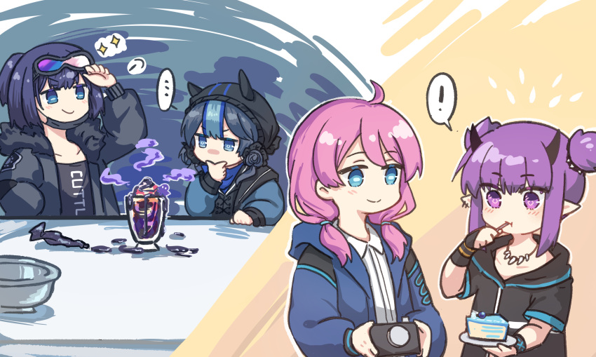 ! ... 4girls absurdres ahoge andreana_(arknights) animal_ears arknights bad_food black_gloves black_jacket black_shirt blue_eyes blue_hair blue_jacket blue_poison_(arknights) cake cake_slice camera chinese_commentary collarbone ear_piercing eating eyebrows_visible_through_hair fingerless_gloves flower food glaucus_(arknights) gloves goggles goggles_on_head hair_flower hair_ornament hand_in_pocket hand_up highres holding holding_camera hood hood_up ice_cream infection_monitor_(arknights) jacket lava_(arknights) mabing mask mask_pull medium_hair mouth_mask multicolored_hair multiple_girls open_clothes open_jacket pastry_bag piercing pink_hair plate pointy_ears ponytail purple_eyes purple_hair shirt short_hair short_twintails single_glove smile spoken_ellipsis spoken_exclamation_mark sundae thinking tooth_necklace twintails upper_body utensil_in_mouth v-shaped_eyebrows white_shirt