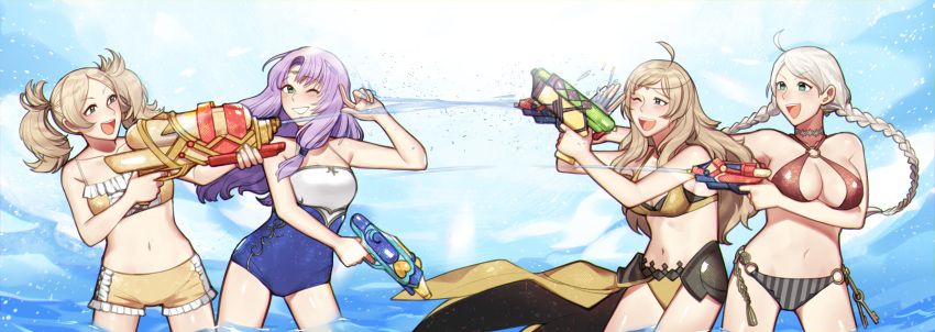 4girls absurdres ahoge alternate_costume bangs bikini blonde_hair blue_swimsuit braid breasts cleavage fighting fire_emblem fire_emblem:_the_blazing_blade fire_emblem_awakening fire_emblem_fates florina_(fire_emblem) grandmother_and_granddaughter happy highres hiomaika holding holding_water_gun large_breasts lissa_(fire_emblem) long_hair medium_breasts multiple_girls nina_(fire_emblem) one-piece_swimsuit one_eye_closed open_mouth ophelia_(fire_emblem) purple_hair sarong swimsuit twin_braids twintails water water_gun white_hair yellow_bikini yellow_swimsuit