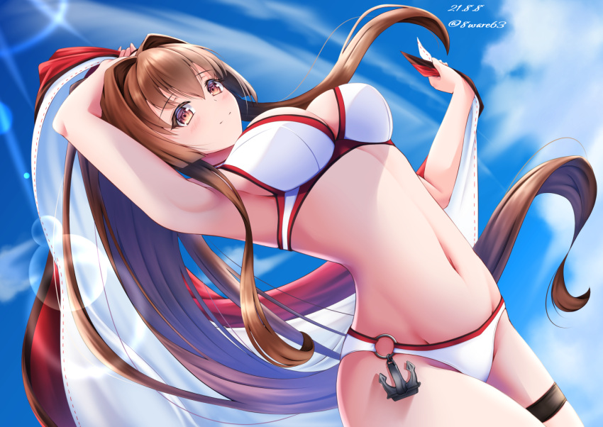 1girl anchor armpits bikini blush breasts brown_eyes brown_hair closed_mouth day hachiware_(8ware63) hair_intakes kantai_collection large_breasts long_hair looking_at_viewer navel official_alternate_costume outdoors ponytail red_bikini sarong sarong_removed sidelocks solo swimsuit twitter_username two-tone_bikini very_long_hair white_bikini yamato_(kancolle)