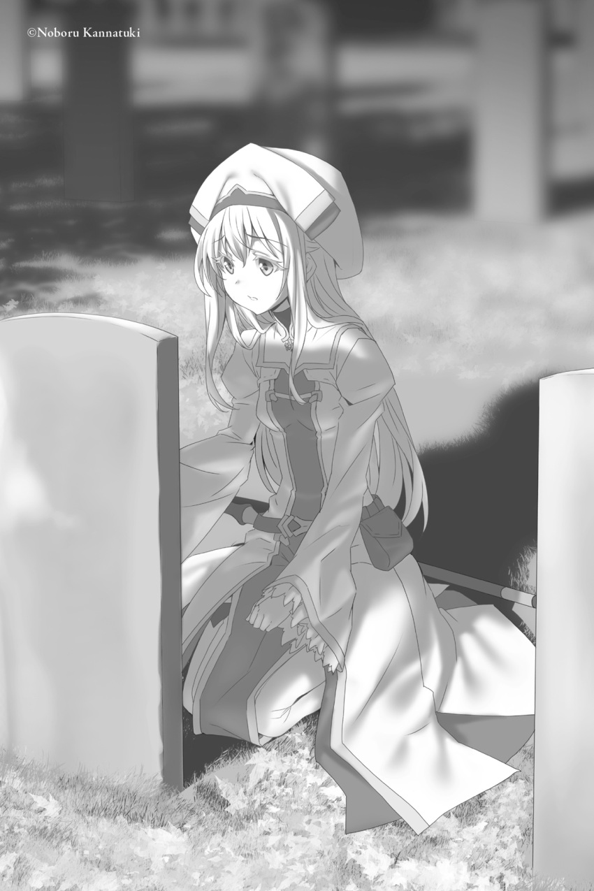 1girl artist_name blurry blurry_background boots breasts dress eyebrows_visible_through_hair full_body goblin_slayer! greyscale hair_between_eyes highres kannatsuki_noboru kneeling long_dress long_hair long_sleeves monochrome novel_illustration nun official_art priestess_(goblin_slayer!) side_slit sleeves_past_wrists small_breasts solo thigh_boots thighhighs tombstone very_long_hair wide_sleeves