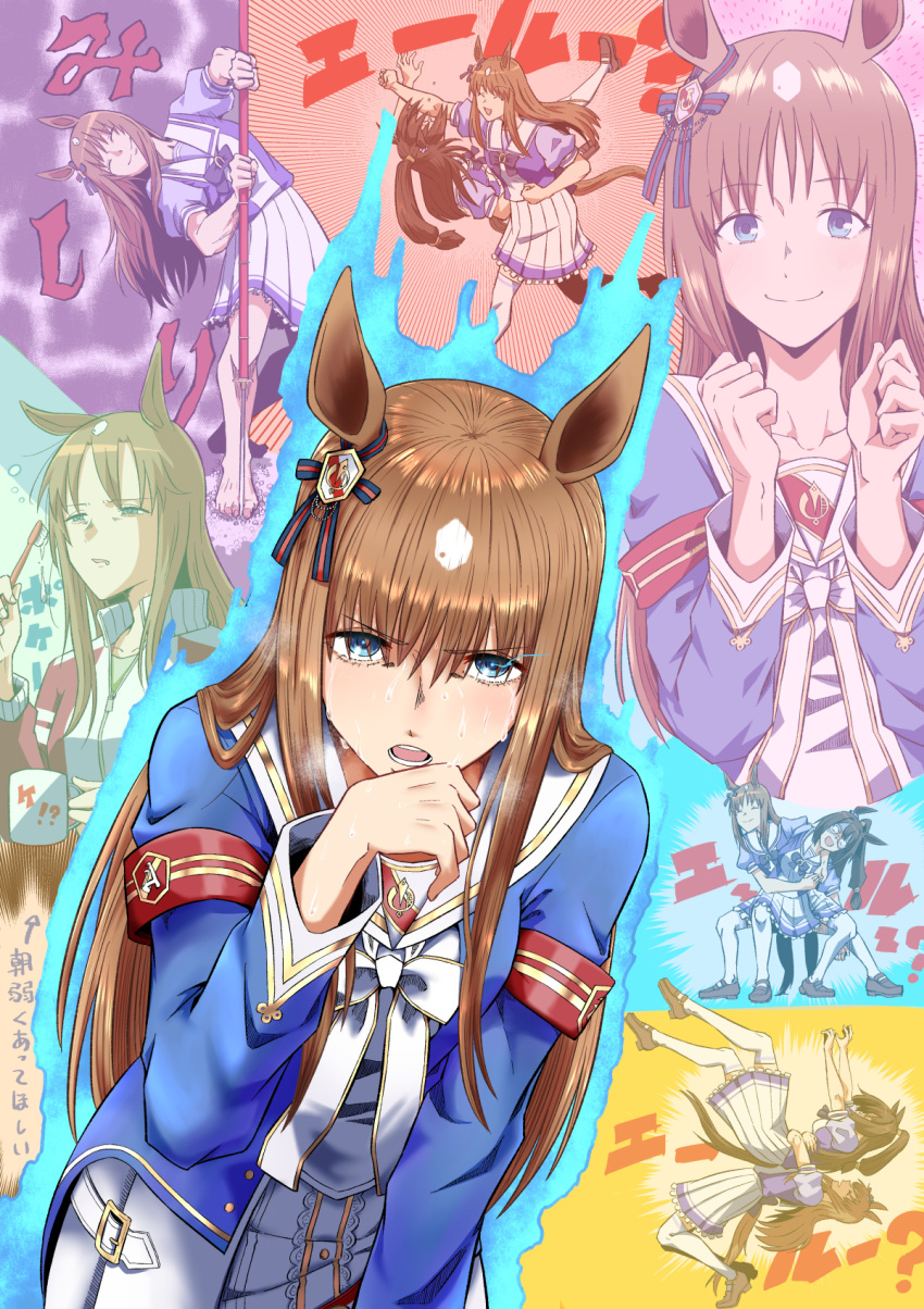 2girls abdominal_stretch animal_ears armband birii blue_eyes bow bowtie brown_hair collage commentary_request cup ear_ribbon el_condor_pasa_(umamusume) false_smile german_suplex grass_wonder_(umamusume) highres horse_ears horse_girl horse_tail horseshoe_ornament jacket long_hair long_sleeves miniskirt mug multiple_girls mumyou-sakanagare naginata pleated_skirt polearm purple_shirt sailor_collar sailor_shirt school_uniform serafuku shigurui shirt skirt summer_uniform suplex sweat tail thighhighs toothbrush tracen_school_uniform track_jacket translation_request umamusume weapon white_legwear white_skirt