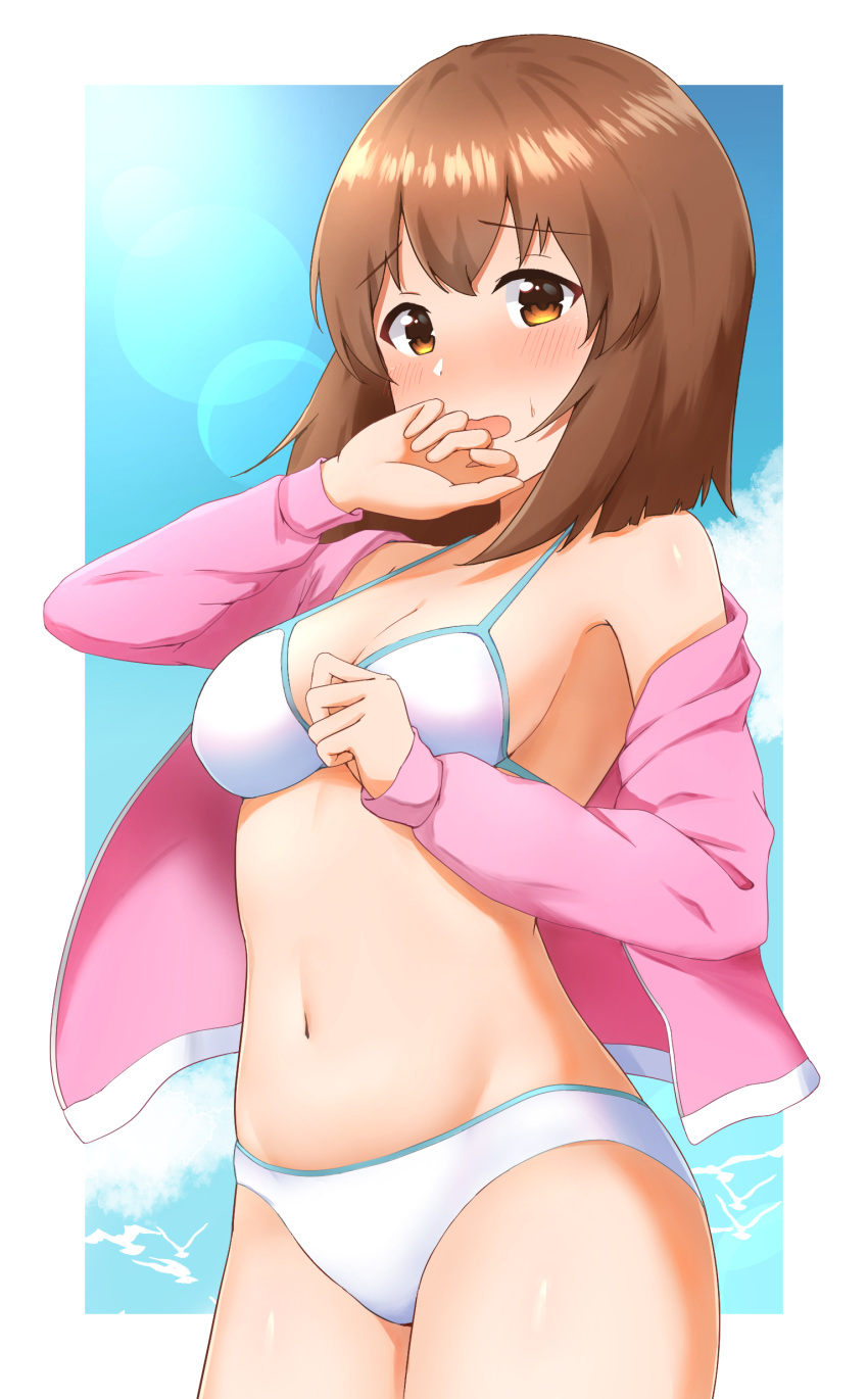 1girl absurdres bikini bob_cut brown_eyes brown_hair cowboy_shot hagiwara_yukiho highres idolmaster idolmaster_(classic) idolmaster_1 jacket karua_(karua23) lens_flare looking_at_viewer navel open_clothes open_jacket pink_jacket short_hair solo sun swimsuit white_bikini